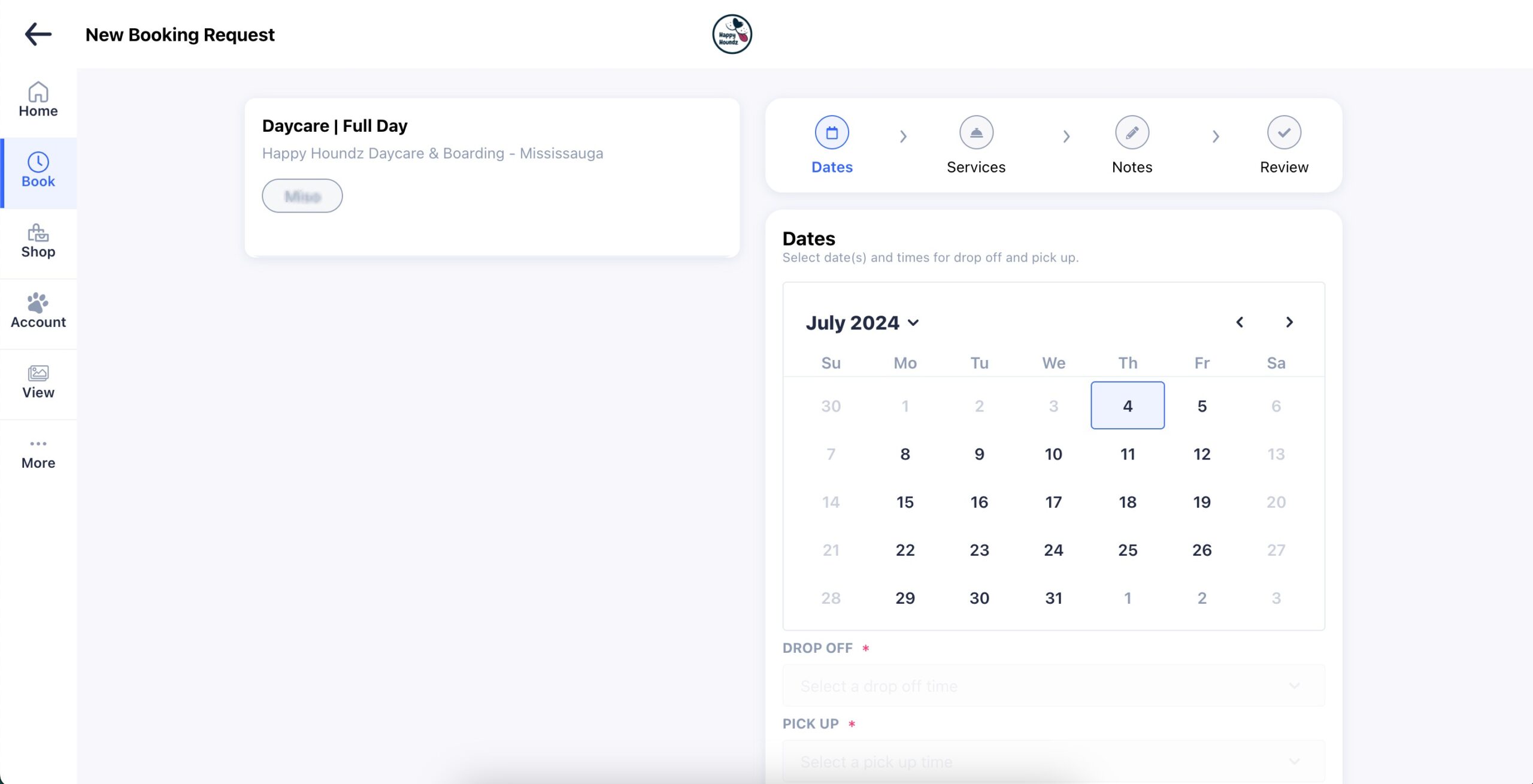 Screen capture appointment booking system Gingr App & Happy Houndz.
