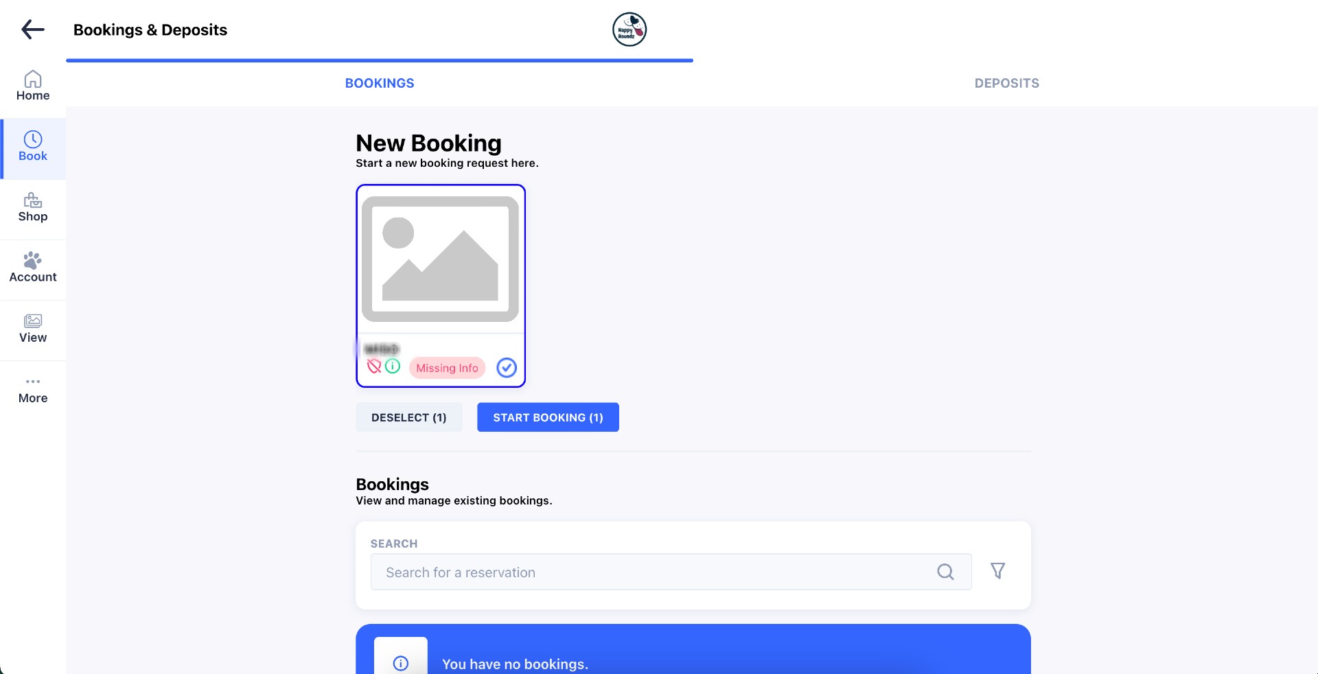 Screen capture booking page through Gingr App & Happy Houndz.